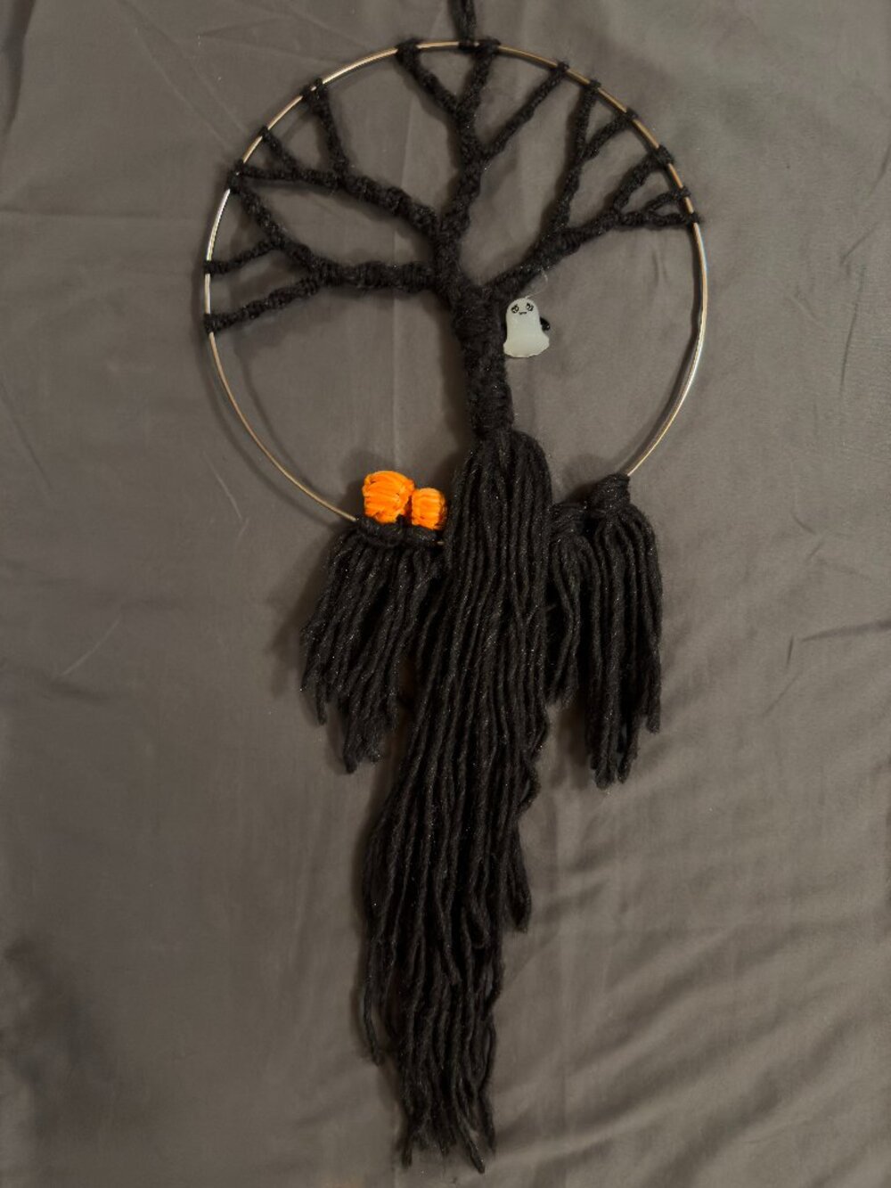 10" Silver Ring Boho Macrame Sparkle Black & Orange Halloween Tree of Life Ghost
